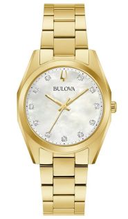 Elegancki damski zegarek od Bulova z tarczą z masy perłowej i 11 diamentami w stalowym złotym tonie - Surveyor Collection | 97P172