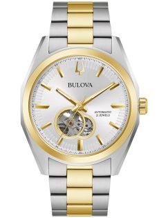 Bulova Surveyor automatyczny zegarek męski z widocznym mechanizmem i dwukolorową stalową bransoletą | 98A284