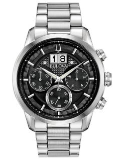 Bulova Sutton chronograph męski zegarek z czarną teksturowaną tarczą i stalową bransoletą | 96B319