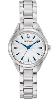 Damski zegarek Bulova Sutton z tarczą w kolorze srebrno-białym i niebieskimi znacznikami godzin | 96L285