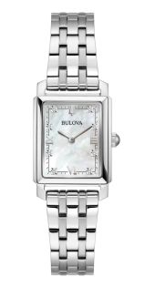 Elegancki prostokątny zegarek damski od Bulova z tarczą z masy perłowej i diamentami w stali - Sutton Collection | 96P244