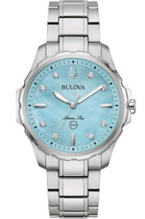 Elegancki damski zegarek od Bulova z diamentami i niebieską tarczą z masy perłowej w stali nierdzewnej - Marine Star Collection | 96P248
