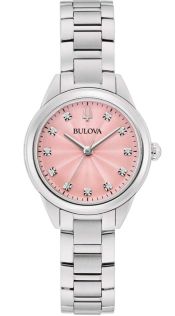 Elegancki damski zegarek od Bulova z różową tarczą i 11 diamentami w stali nierdzewnej - Sutton Collection | 96P249