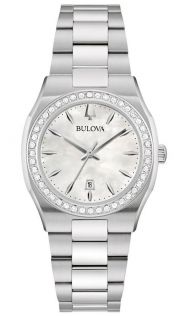 Elegancki damski zegarek od Bulova z tarczą z masy perłowej i diamentową ramką ze stali nierdzewnej - Surveyor Collection | 96R245