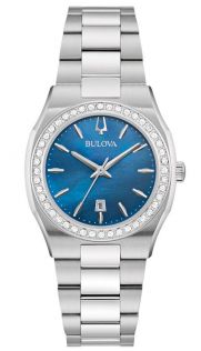 Elegancki damski zegarek od Bulova z niebieską tarczą z masy perłowej i diamentową ramką ze stali nierdzewnej - Surveyor Collection | 96R246