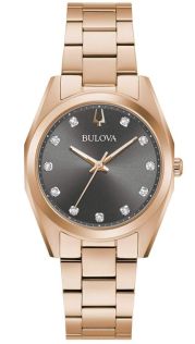 Damski zegarek Bulova Surveyor z szarą tarczą, prawdziwymi diamentami i kopertą ze stali w kolorze różowego złota | 97P156