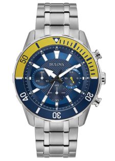 Bulova sportowy chronograf męski zegarek z niebieską tarczą i żółtym pierścieniem nurkowym | 98A245