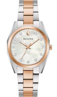 Damski zegarek Bulova Surveyor z tarczą z masy perłowej, diamentami i dwukolorową bransoletą stalową | 98P207
