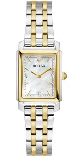 Elegancki prostokątny zegarek damski od Bulova z tarczą z masy perłowej i diamentami w dwukolorowej stali - Sutton Collection | 98P220