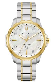 Elegancki damski zegarek od Bulova z tarczą z masy perłowej i diamentami w dwukolorowej stali - Marine Star Collection | 98P227