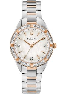 Damski zegarek Bulova Sutton z tarczą z masy perłowej, diamentami i dwukolorową bransoletą stalową | 98R281