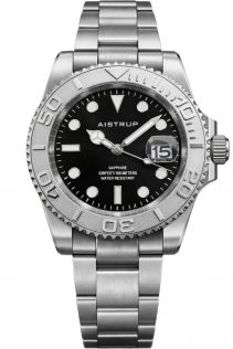 Aistrup zegarek męski z czarną tarczą, obrotowym pierścieniem i stalową bransoletą | AIW8801