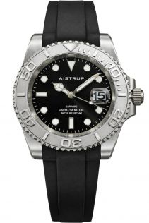 Sportowy zegarek męski Aistrup z czarną tarczą, srebrną obrotową lunetą i czarnym gumowym paskiem | AIW8802