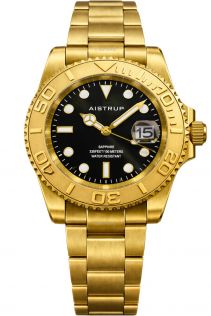 Aistrup luksusowy zegarek męski z czarną tarczą, złotym obrotowym pierścieniem i złotą stalową bransoletą | AIW8803