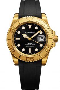 Sportowy zegarek męski Aistrup z czarną tarczą, złotym obrotowym pierścieniem i czarnym gumowym paskiem | AIW8804