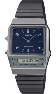 Zegarek retro Casio z granatową tarczą w kratkę i paskiem jonizowanym | AQ-800EB-2AEF