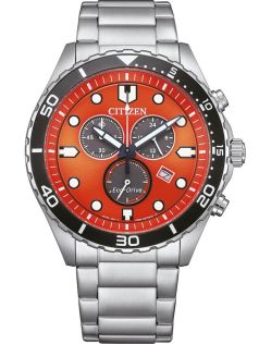 Citizen Eco-Drive chronograf w stali z mechanizmem H500 i pomarańczową tarczą | AT2560-84X