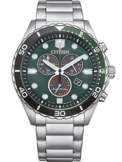 Citizen Eco-Drive chronograf ze stali z mechanizmem H500 i zieloną tarczą | AT2561-81X