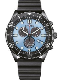 Citizen Eco-Drive chronograf w czarnej stali z mechanizmem H500 i niebieską tarczą | AT2567-18L