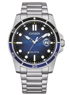 Citizen Eco-Drive zegarek męski w stali | Niebieska tarcza z falą z pierścieniem nurkowym | AW1810-85L