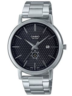 Zegarek wizytowy z czarną tarczą o geometrycznym wzorze z funkcją dnia i daty | MTP-B125D-1AVEF