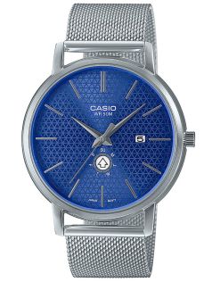 Zegarek z geometryczną niebieską tarczą z siatkową bransoletą i smukłym designem | MTP-B125M-2AVEF