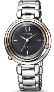 Citizen L Collection zegarek damski z prawdziwym diamentem | Smukły zegarek Eco-drive z czarną tarczą i sześciomiesięczną rezerwą chodu | EM0658-87E