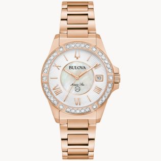 Bulova Marine Star damski zegarek z tarczą z masy perłowej, diamentami i różowozłotym wykończeniem | 98R295