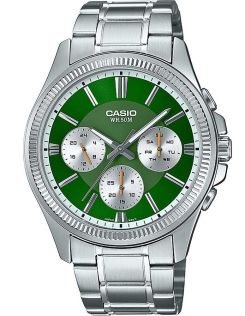 Zielona tarcza stalowy zegarek Casio z potrójnymi subtarczami | MTP-1375PD-3AVEF