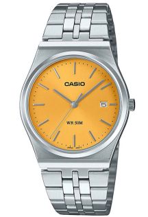 Retro żółty zegarek Casio z wyświetlaczem daty i stalową obudową | MTP-B145D-9AVEF