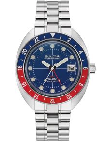Automatyczny zegarek męski od Bulova z funkcją GMT i stalowym bezelem nurkowym - Oceanographer GMT | 96B405