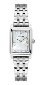 Elegancki prostokątny zegarek damski od Bulova z tarczą z masy perłowej i diamentami w stali - Sutton Collection | 96P244