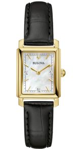 Elegancki prostokątny damski zegarek od Bulova z tarczą z masy perłowej i diamentami w stalowym złotym tonie - Sutton Collection | 97P166