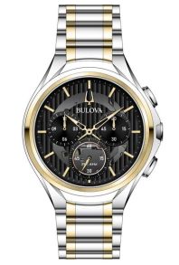 Bulova CURV chronograph męski zegarek z czarną tarczą i dwukolorową stalową bransoletą | 98A301