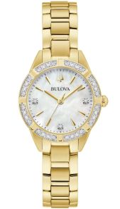 Elegancki damski zegarek od Bulova z tarczą z masy perłowej i 19 diamentami w stalowym złotym odcieniu - Sutton Collection | 98R297