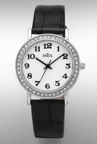 INEX Women’s Crystal Bezel Black Leather Watch