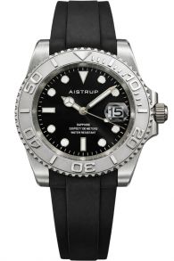 Sportowy zegarek męski Aistrup z czarną tarczą, srebrną obrotową lunetą i czarnym gumowym paskiem | AIW8802