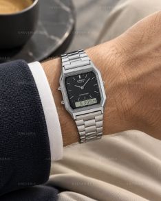Zegarek vintage z podwójnym wyświetlaczem w smukłej obudowie | AQ-230A-1DMQYES