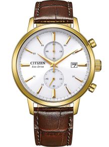 Citizen Eco-drive chronograf z pozłacaną kopertą | Klasyczny zegarek męski z białą tarczą i brązowym skórzanym paskiem | CA7062-15A
