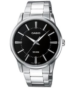 Biznesowy zegarek Casio z czarną tarczą i stalową bransoletą | MTP-1303PD-1AVEG