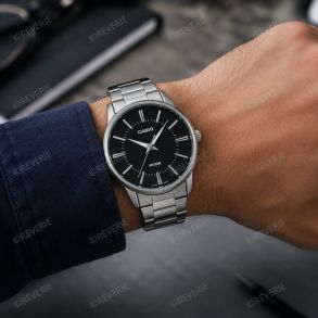 Biznesowy zegarek Casio z czarną tarczą i stalową bransoletą | MTP-1303PD-1AVEG