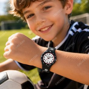 Black Water-Resistant Childrens Watch With Football Motif 30mm