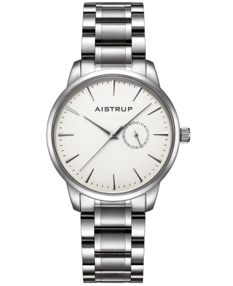 Elegancki zegarek męski z białą tarczą, datownikiem i bransoletą ze stali nierdzewnej w minimalistycznym designie | Aistrup Rounded Elegance AIW8201