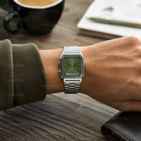 Zegarek z podwójnym wyświetlaczem Casio z zieloną tarczą Sunray | AQ-230A-3AMQYES